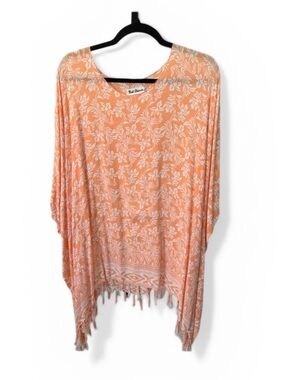 Bali Queen Pancho Kimono Peach Floral Resort Beach Poolside Boho Sz OS